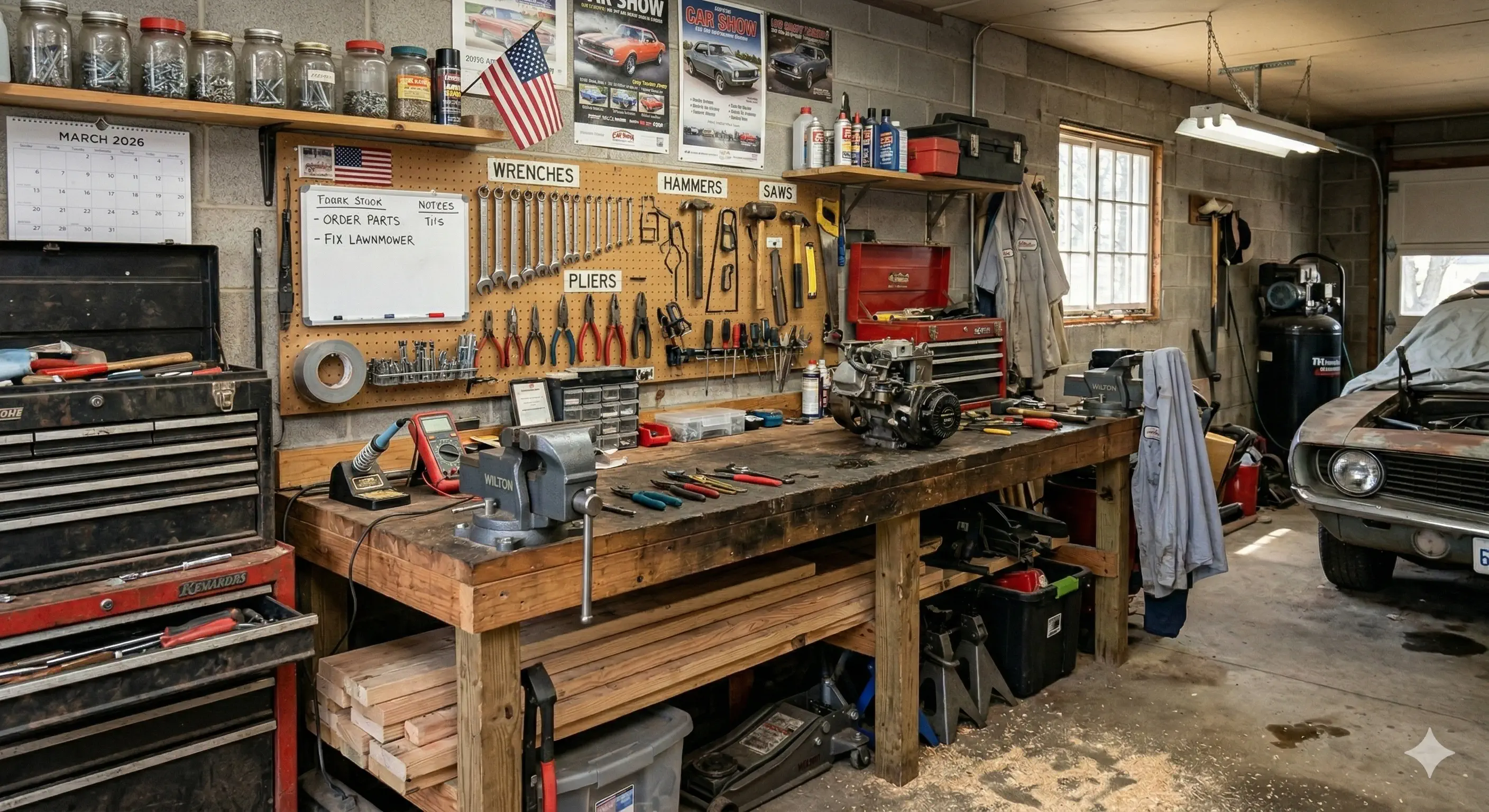An organized garage workshop with tools sorted by type